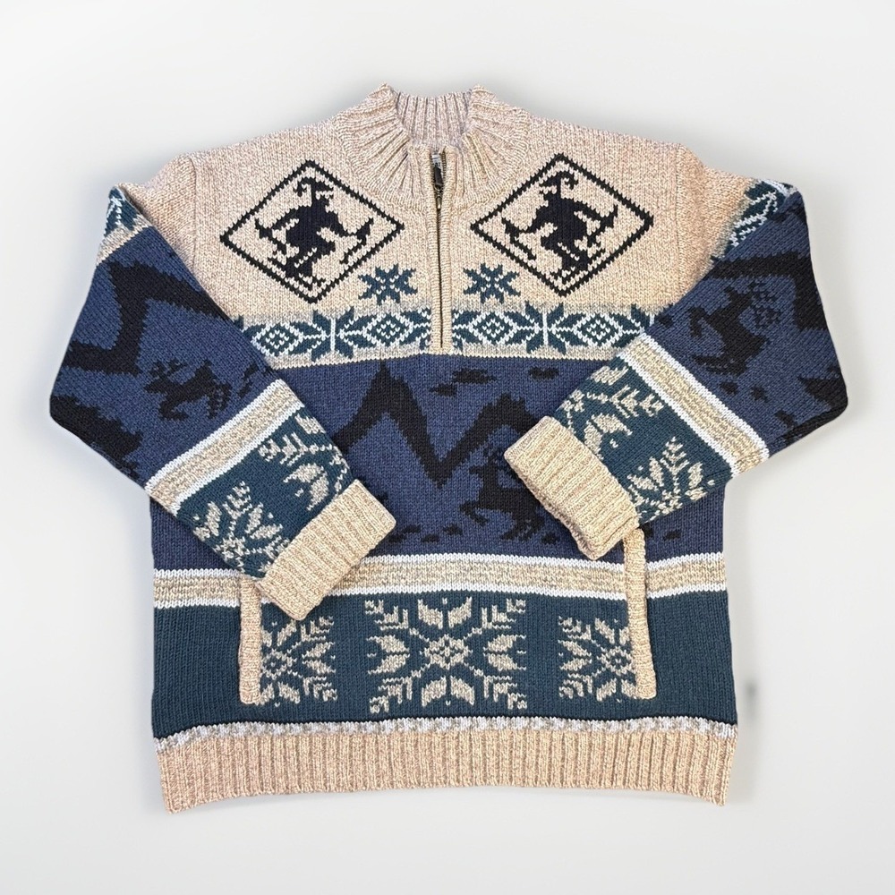L.L.Bean VTG Men's Wool Henley Sweater Nordic Ski‎ Deer Pattern Blue Tan Sz L